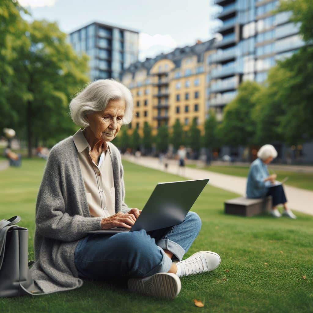 Äldre kvinna använder bärbar dator utomhus.