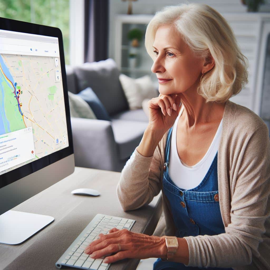 Äldre kvinna använder dator med karta.