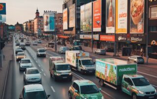 Trafikerad stadsgata med reklamskyltar och bilar.