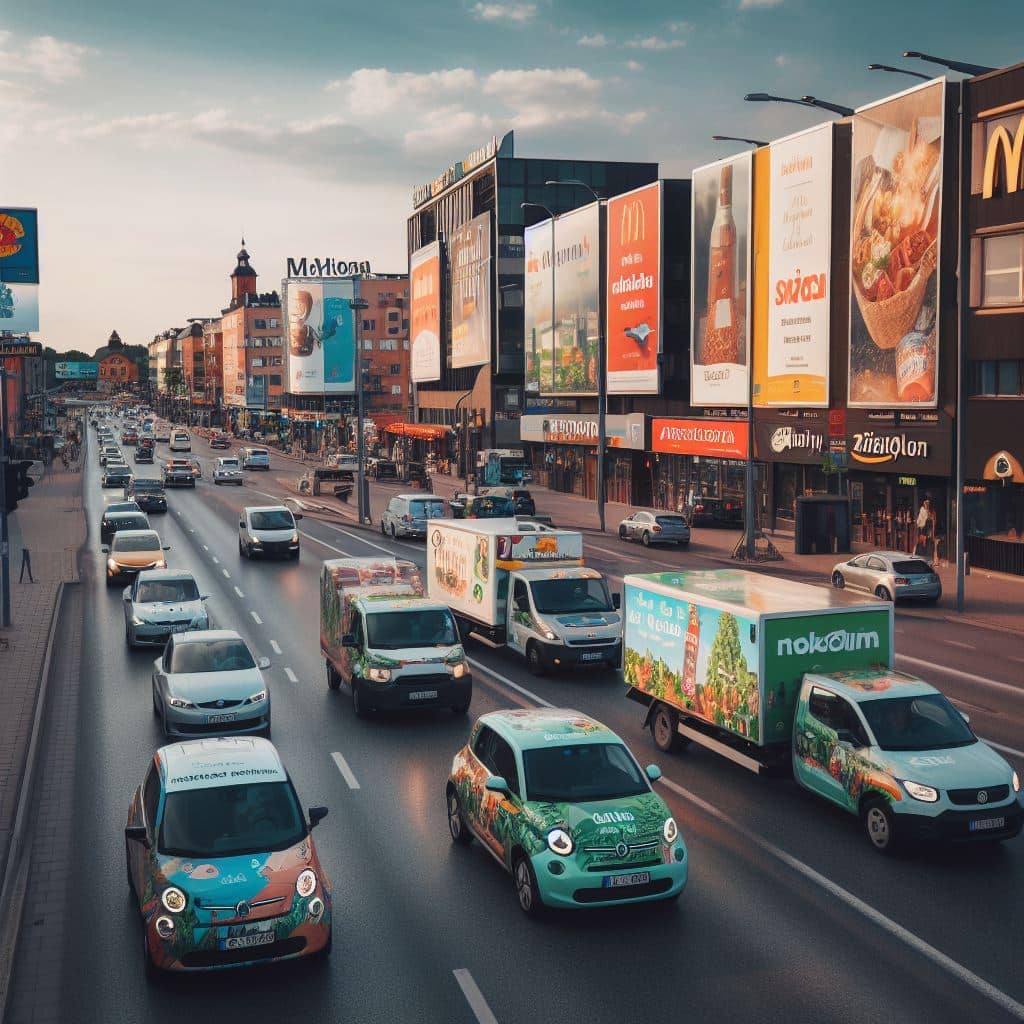 Trafikerad stadsgata med reklamskyltar och bilar.