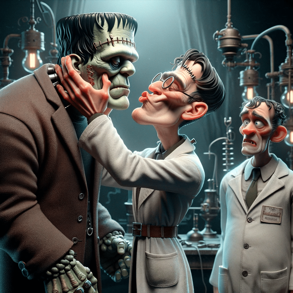 Illustration av Frankensteins monster och vetenskapsman i labb.