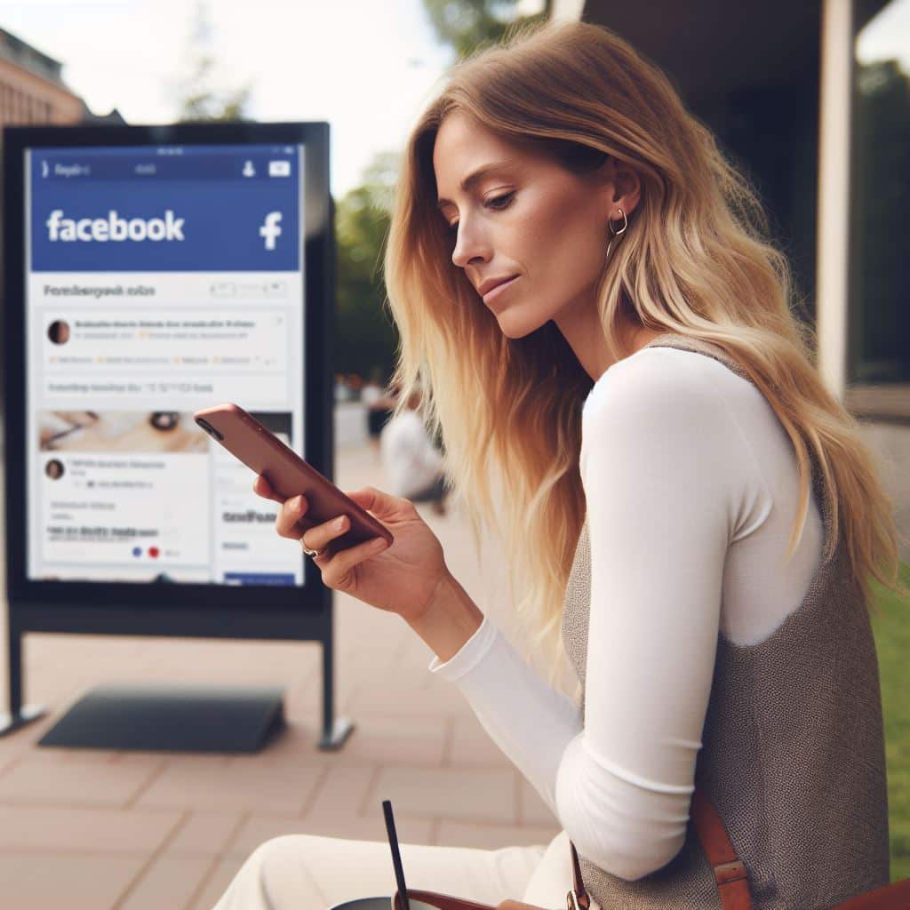 Kvinna använder smartphone nära Facebook-skylt.