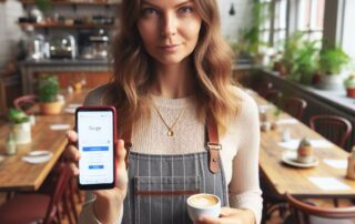 Kvinna visar smartphone i kafémiljö med kaffe.