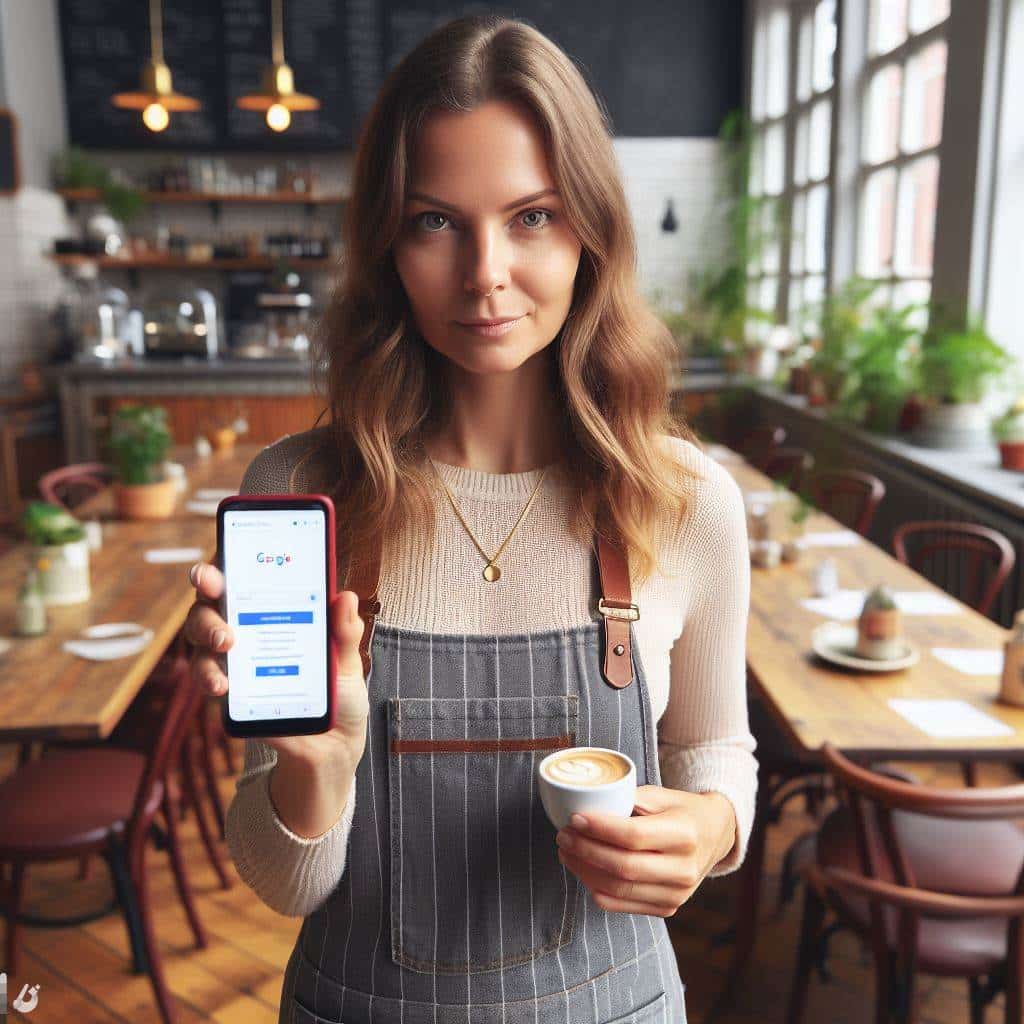 Kvinna visar smartphone i kafémiljö med kaffe.
