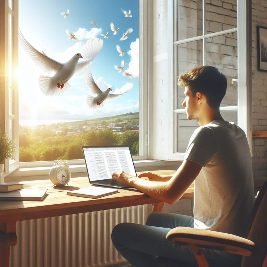 Man studerar vid fönster med flygande duvor.
