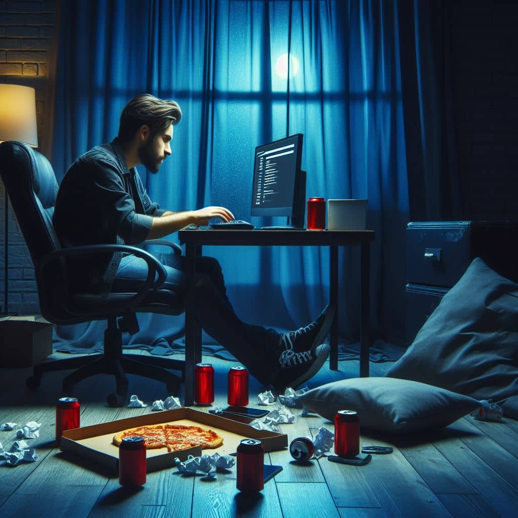 Person arbetar sent med dator och omgiven av skräpmat.
