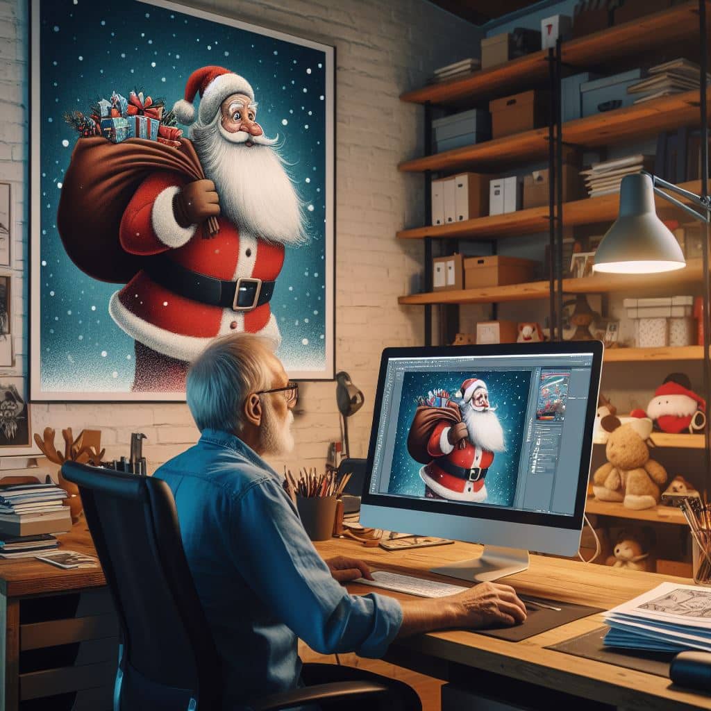 Illustratör redigerar jultomten bild på dator.