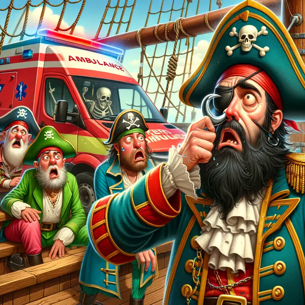 Pirater förvånade över ambulans på skeppsdäck.