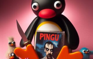 Leksaksfigurer och Pingu-DVD med parodiomslag.