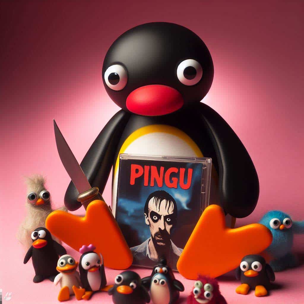 Leksaksfigurer och Pingu-DVD med parodiomslag.