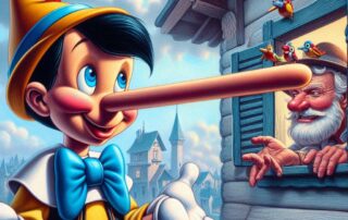 Illustration av Pinocchio med lång näsa och Geppetto.