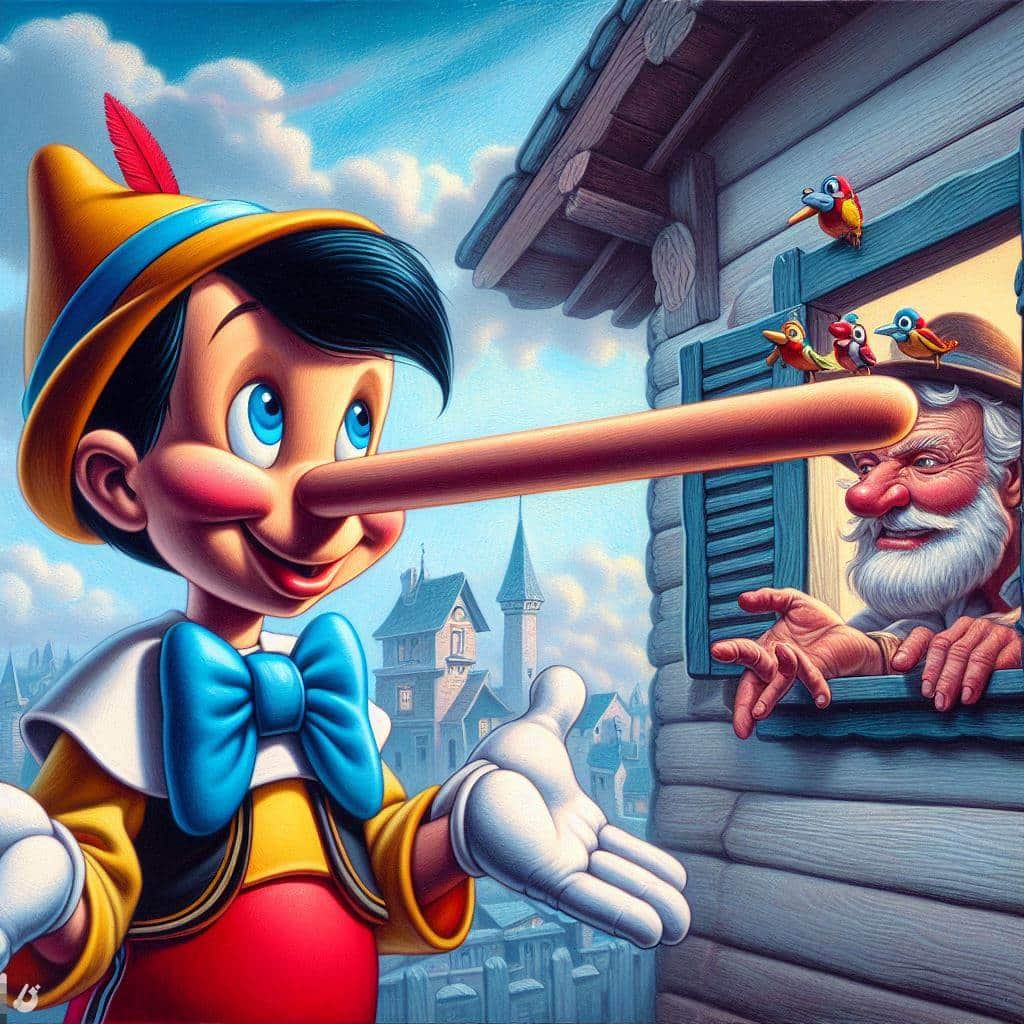 Illustration av Pinocchio med lång näsa och Geppetto.
