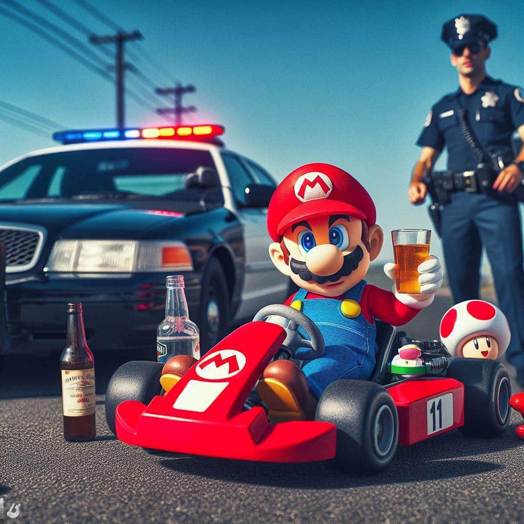 Mario i gokart stoppad av polis.