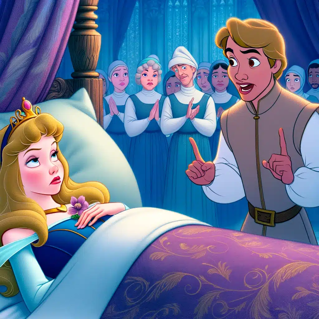 Prins väcker sovande prinsessa, tecknat.