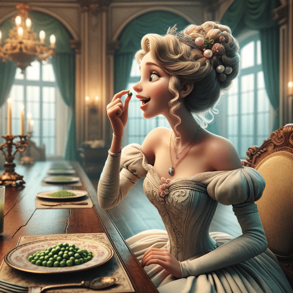 Animerad prinsessa äter ärtor i lyxig matsal.