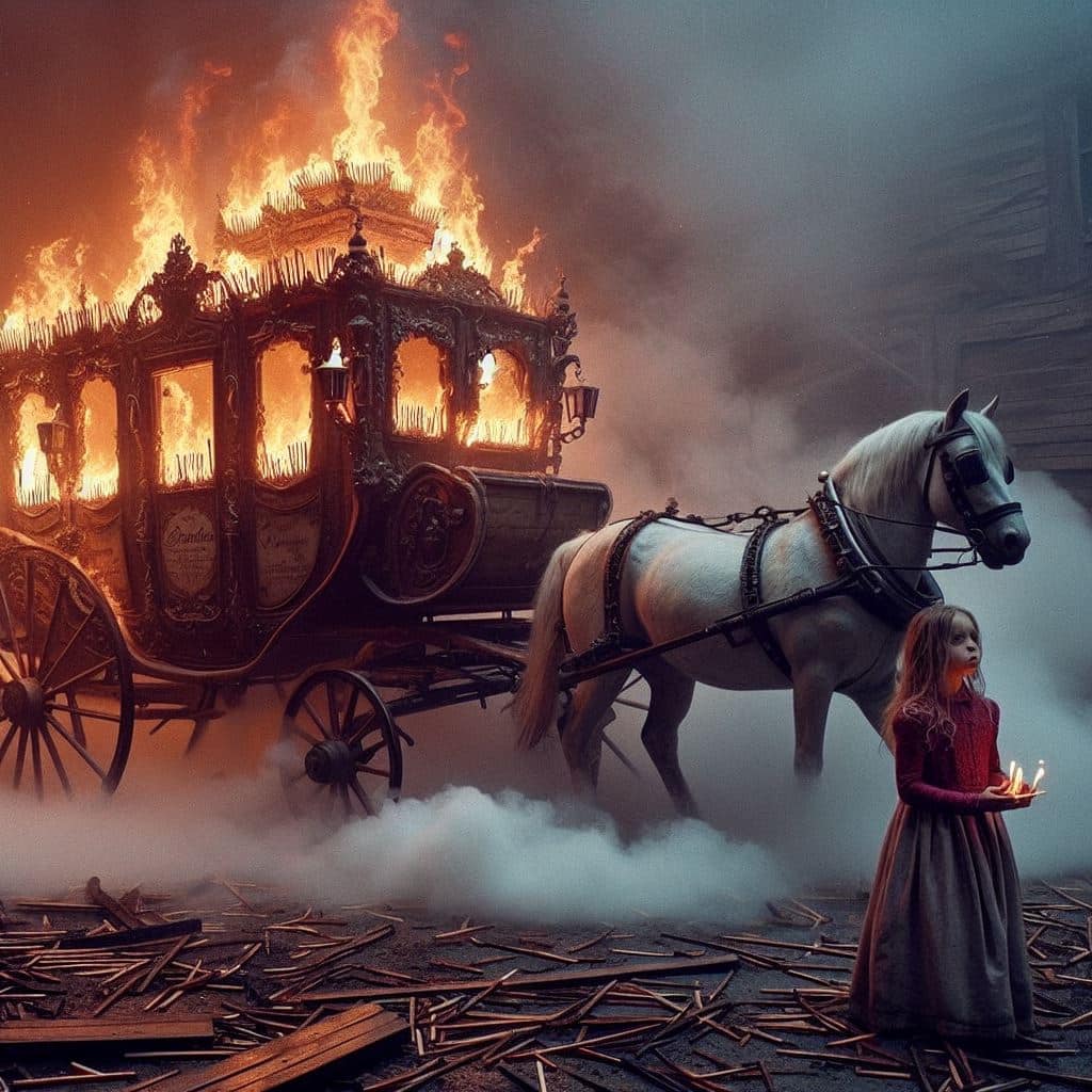 Flicka framför brinnande hästdragen vagn.