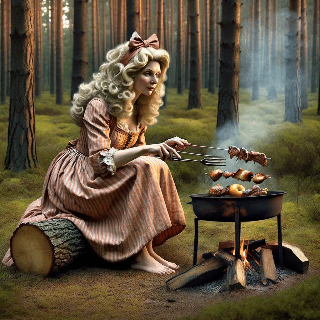 Kvinna grillar mat i skogsmiljö.