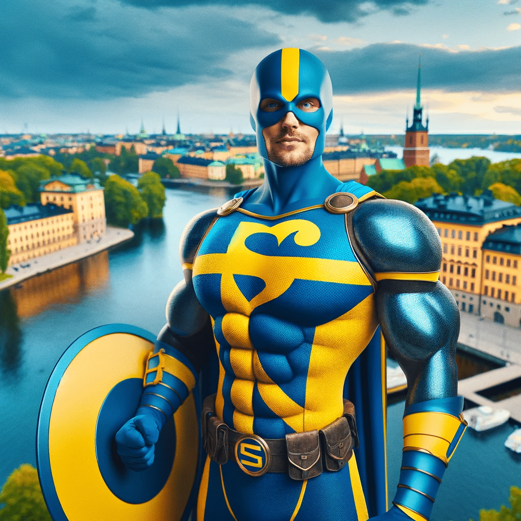 Superhjälte framför Stockholms silhuett.
