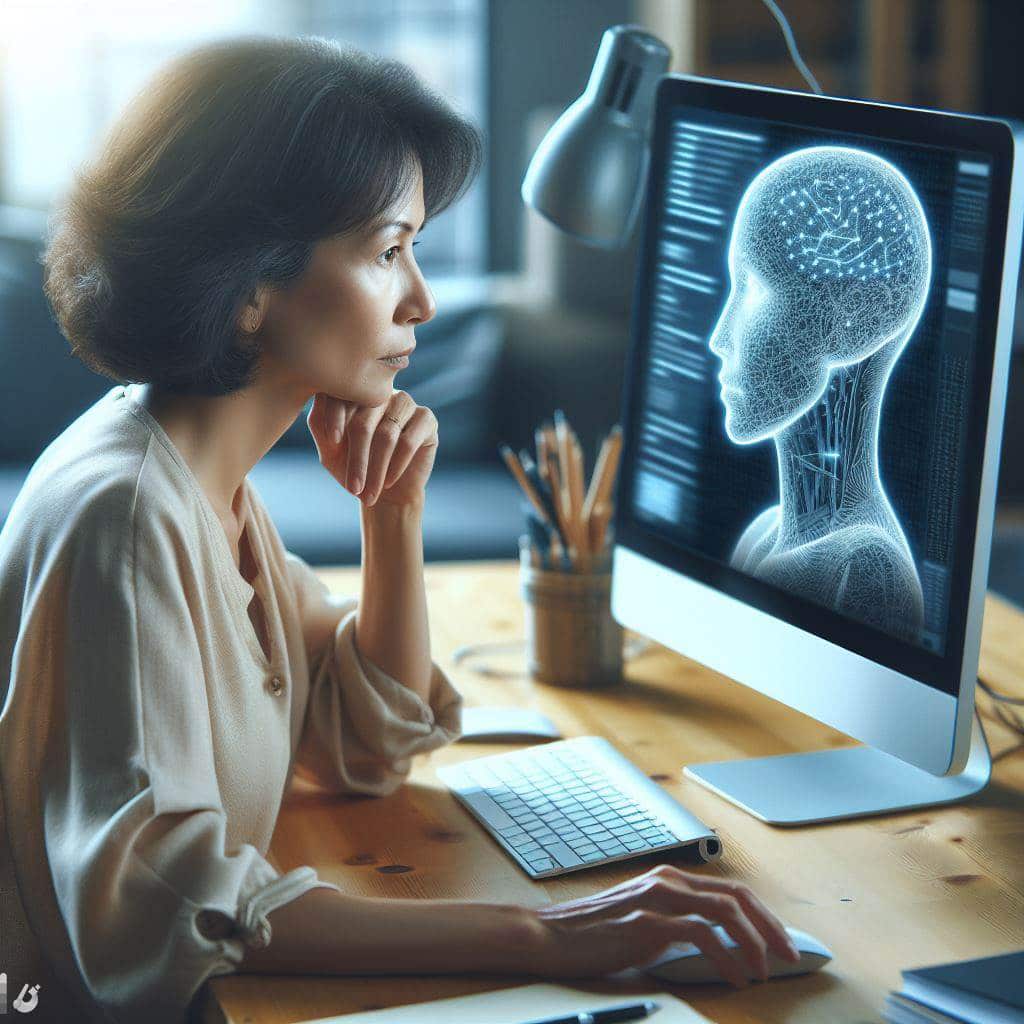 Kvinna studerar hjärnskanning på datorskärm.
