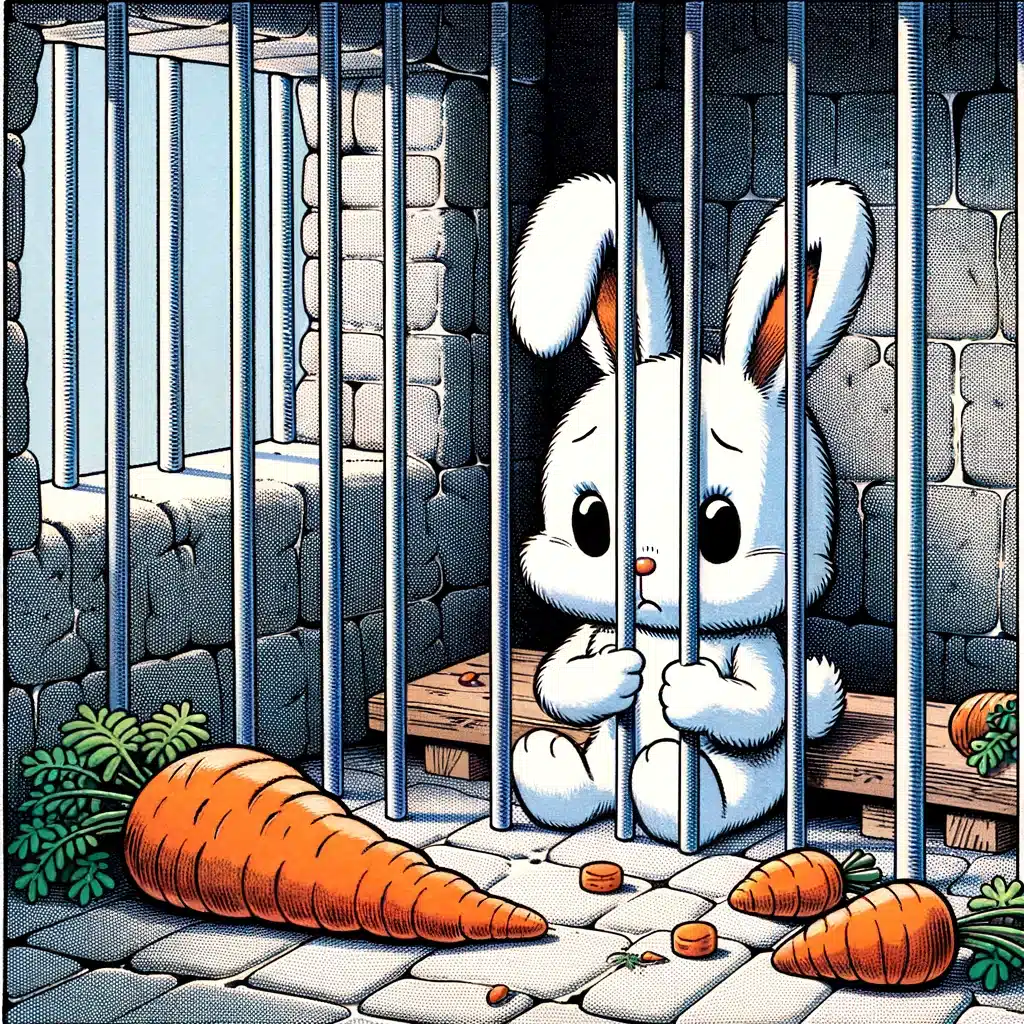 Tecknad kanin instängd i fängelsecell.