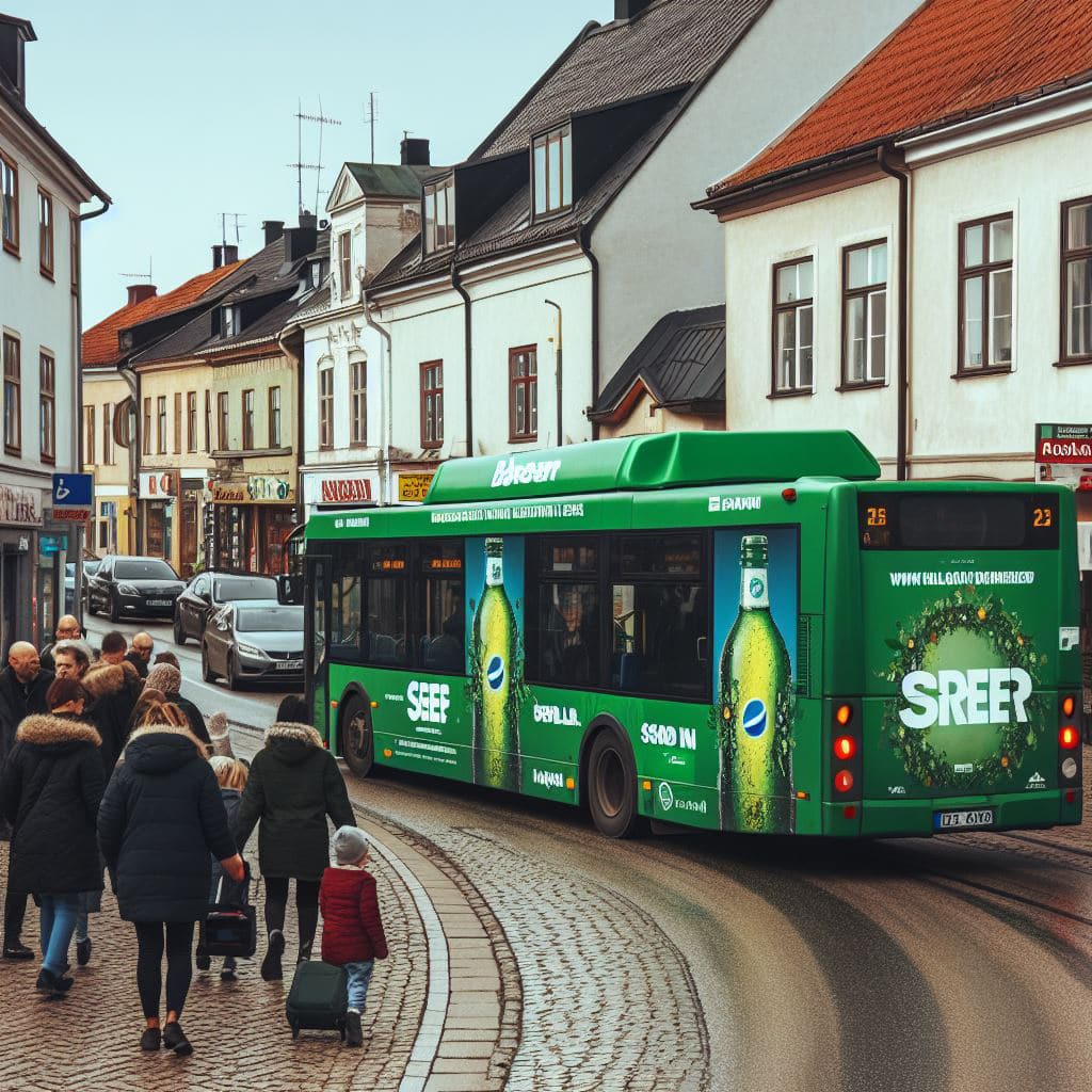 Grön stadsbuss och fotgängare på stadsgata.