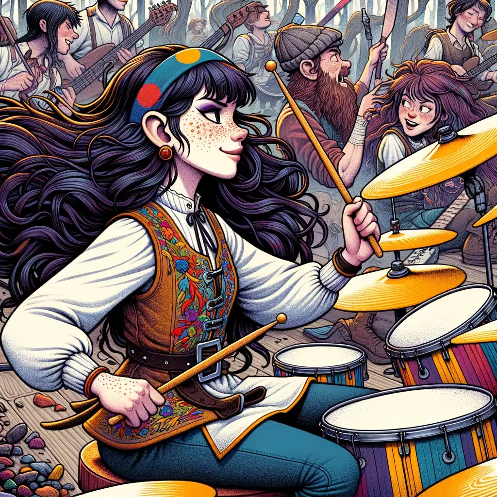 Illustration av kvinnlig trummis med band.