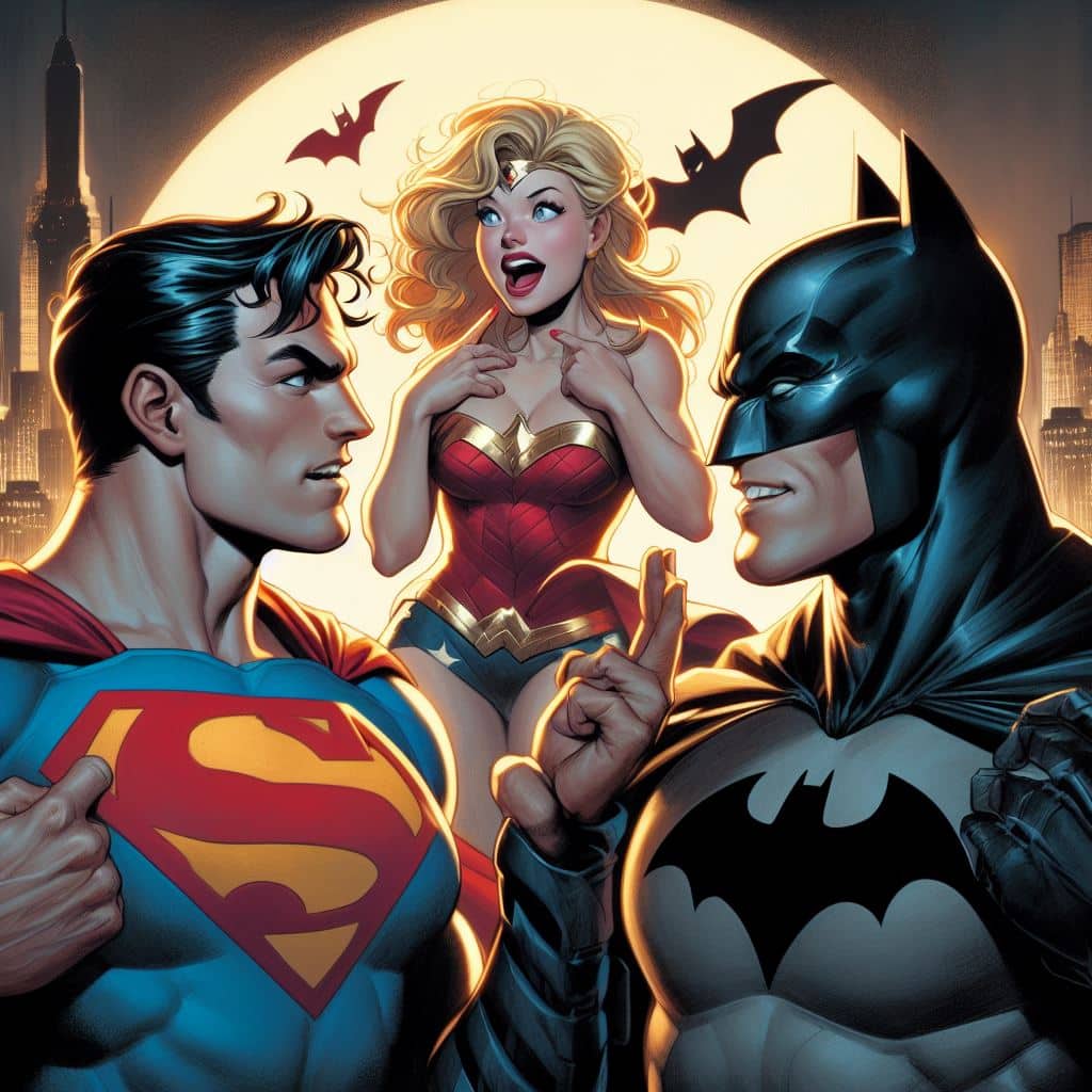 Superman, Wonder Woman och Batman, serietidningshjältar.
