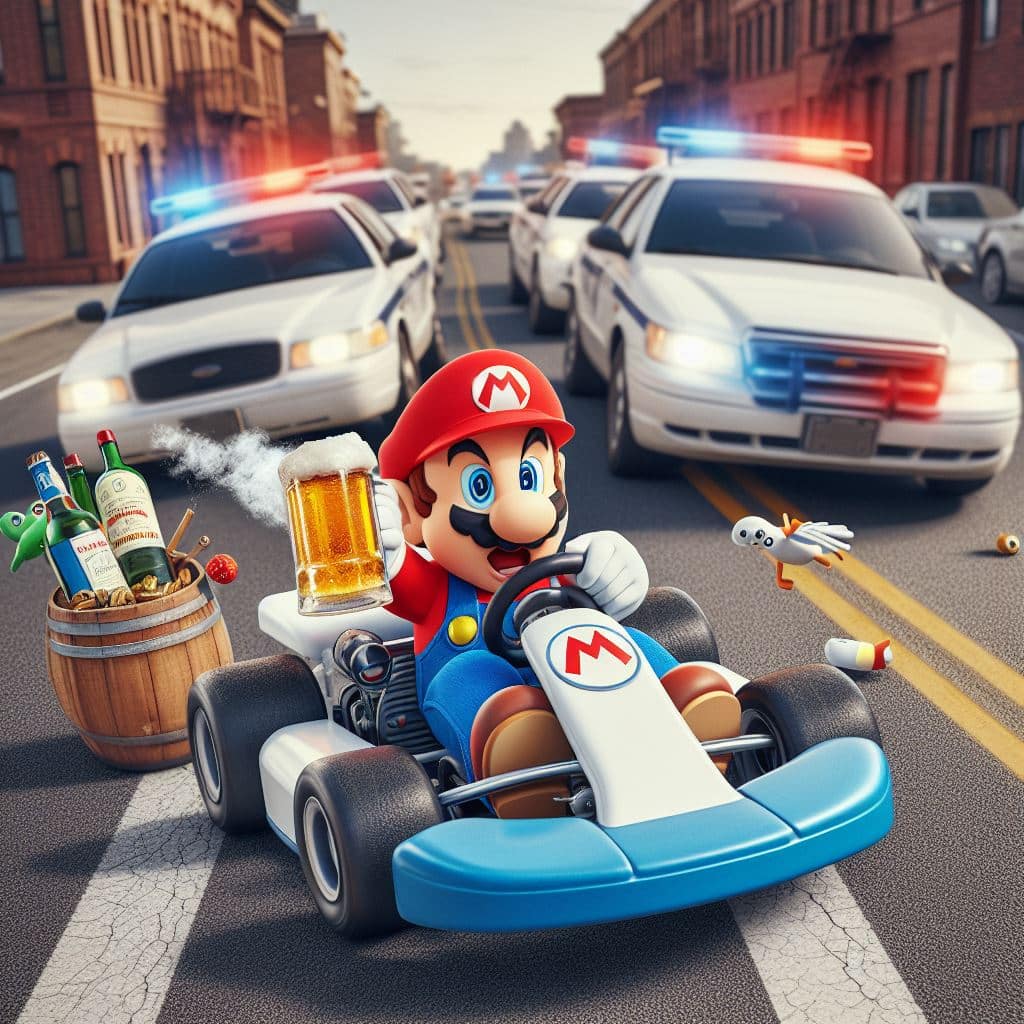 Mario i gokart med polisbilar och öl.