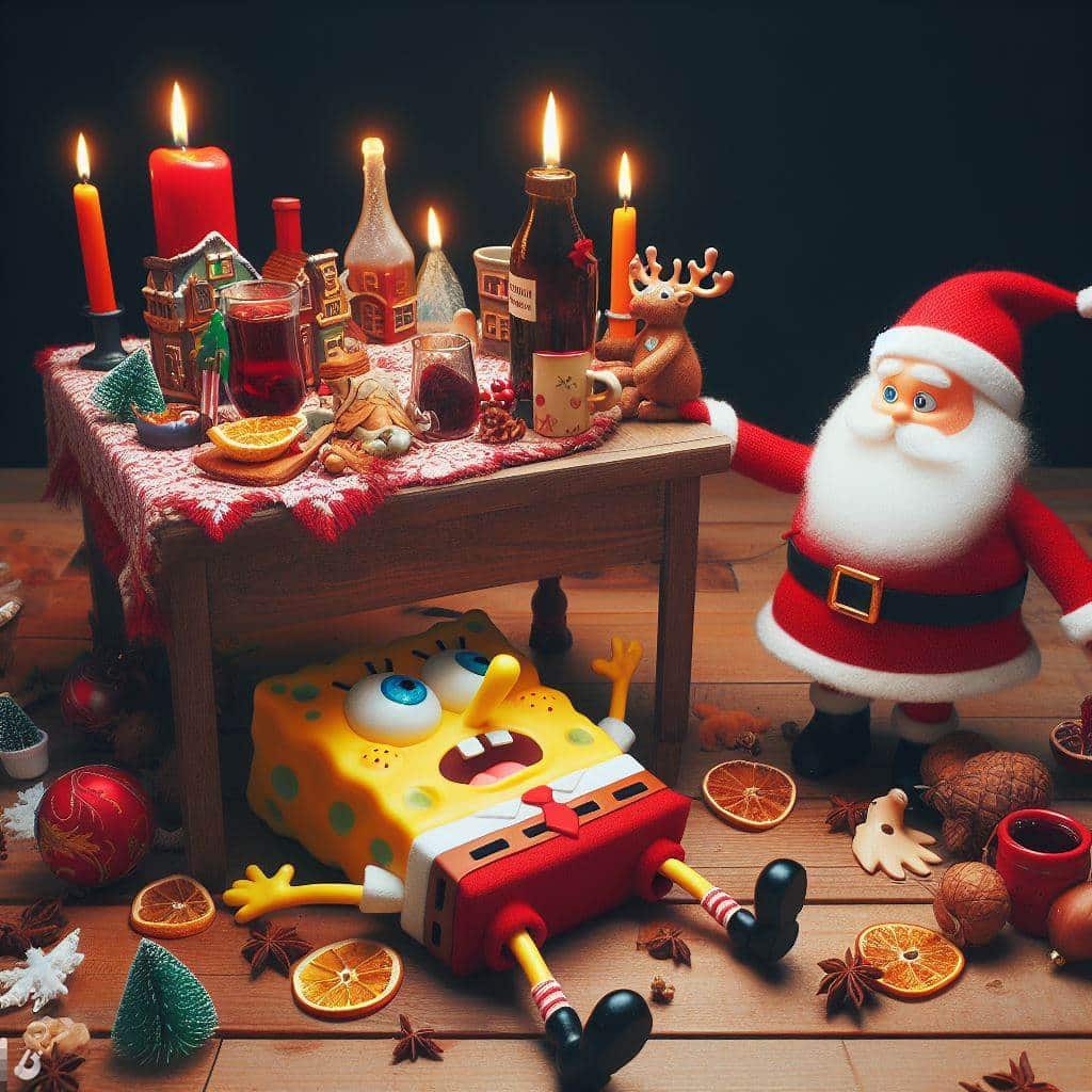 Julbord med SpongeBob och jultomten.
