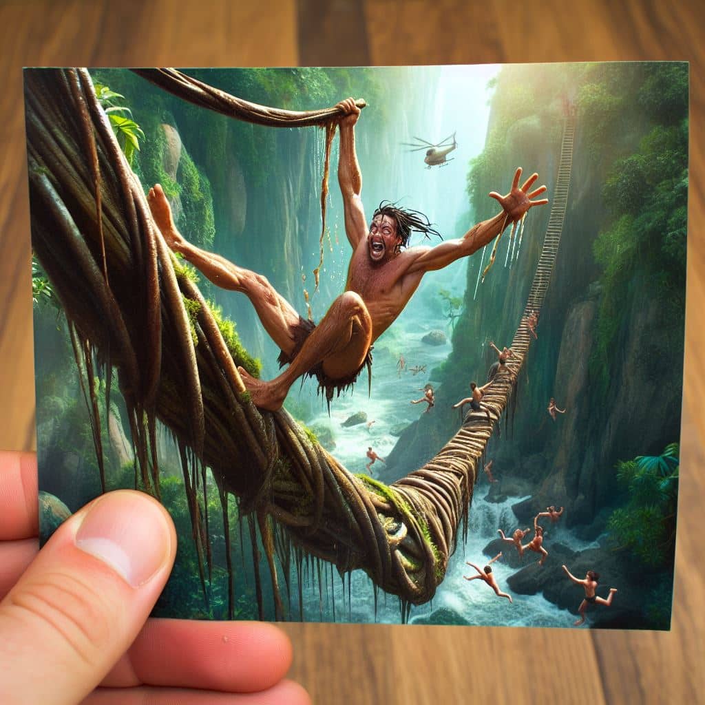 Illustration av Tarzan som svänger i djungeln.
