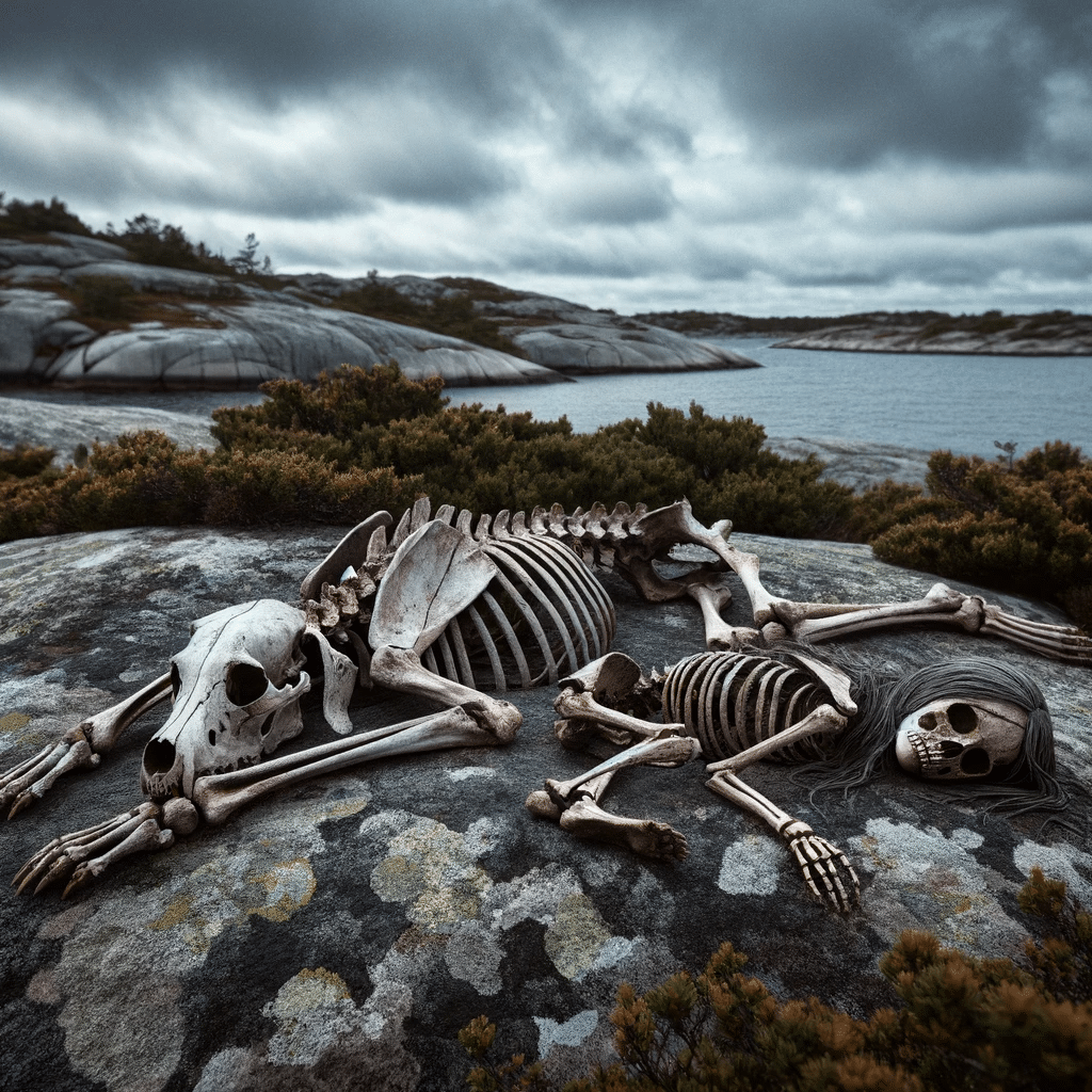 Skelett på klippor vid havet.