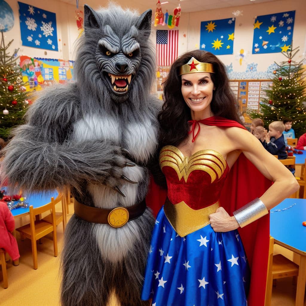 Varulv och Wonder Woman poserar i klassrum.