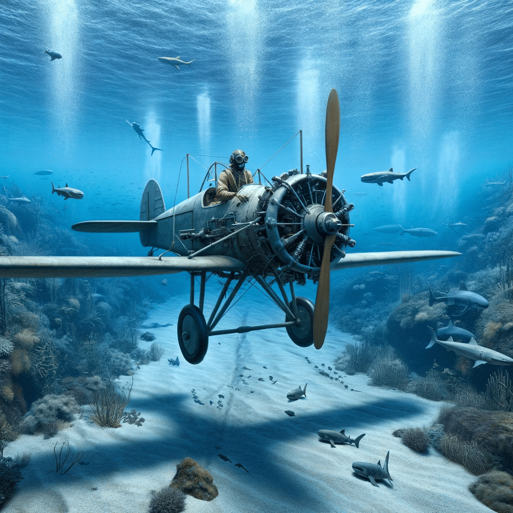 Flygplan undervatten med fiskar och dykare.