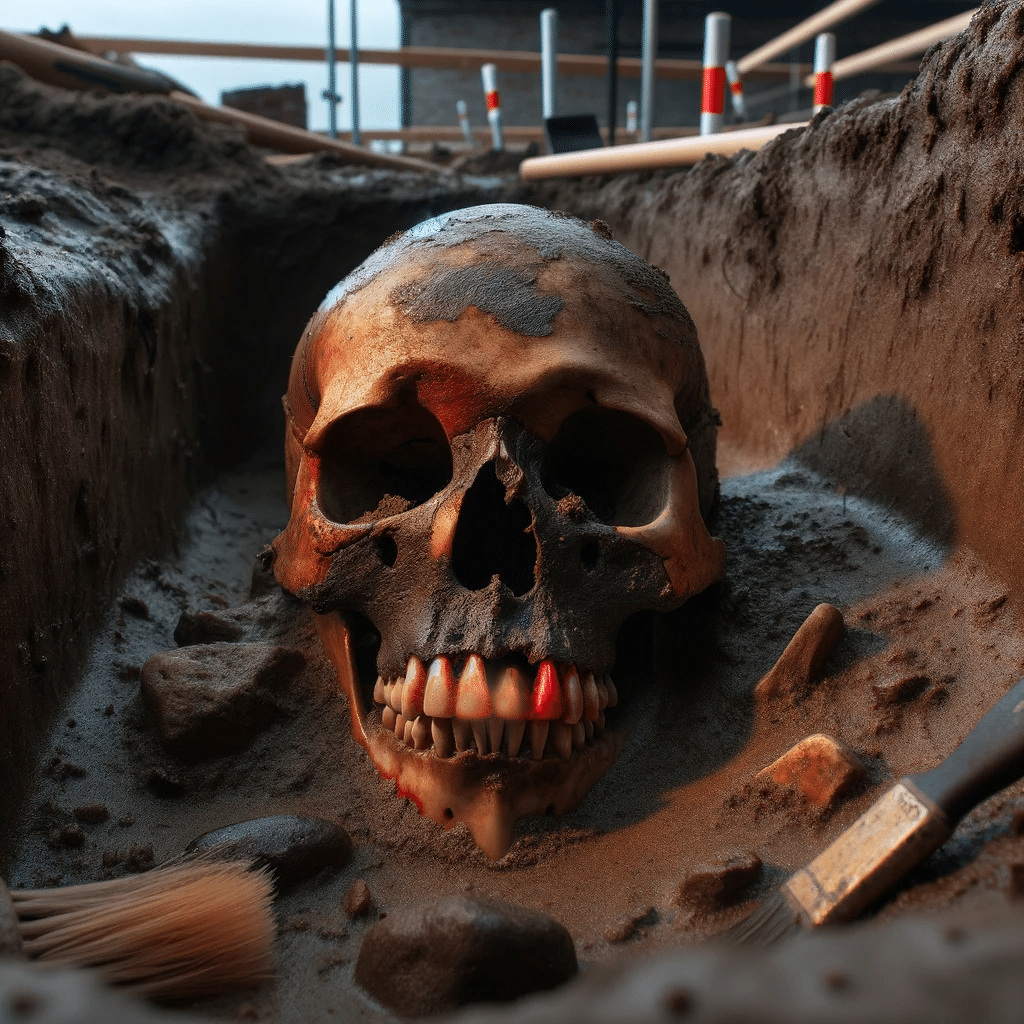 Arkeologisk utgrävning av mänskligt kranium.