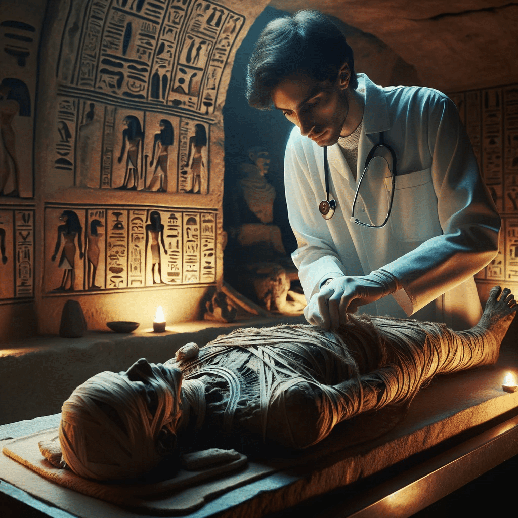 Läkare undersöker en egyptisk mumie.