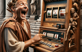 En man i toga spelar en antik spelautomat.