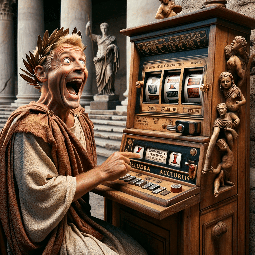 En man i toga spelar en antik spelautomat.