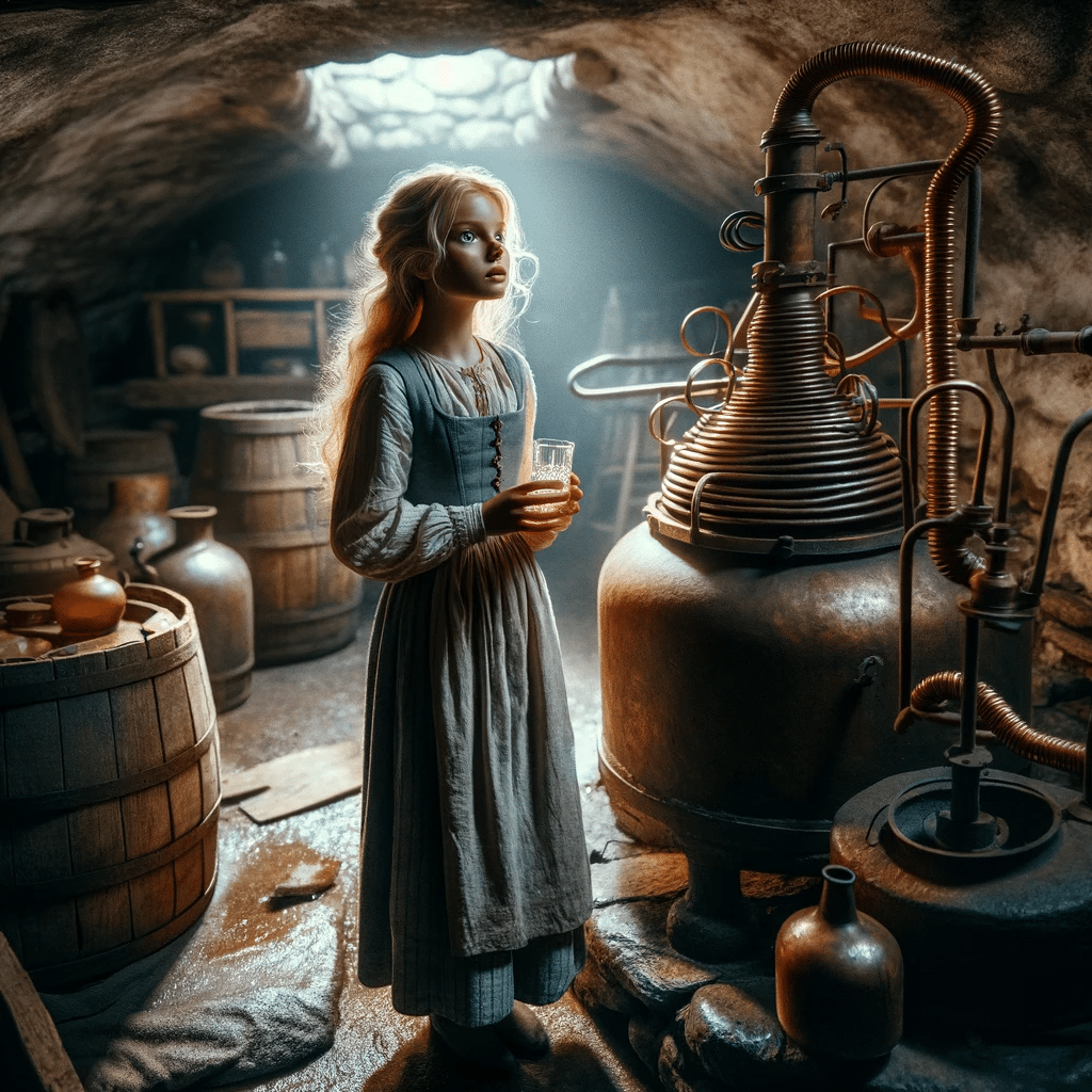 Kvinna nära gammaldags destilleringsapparat i källare.