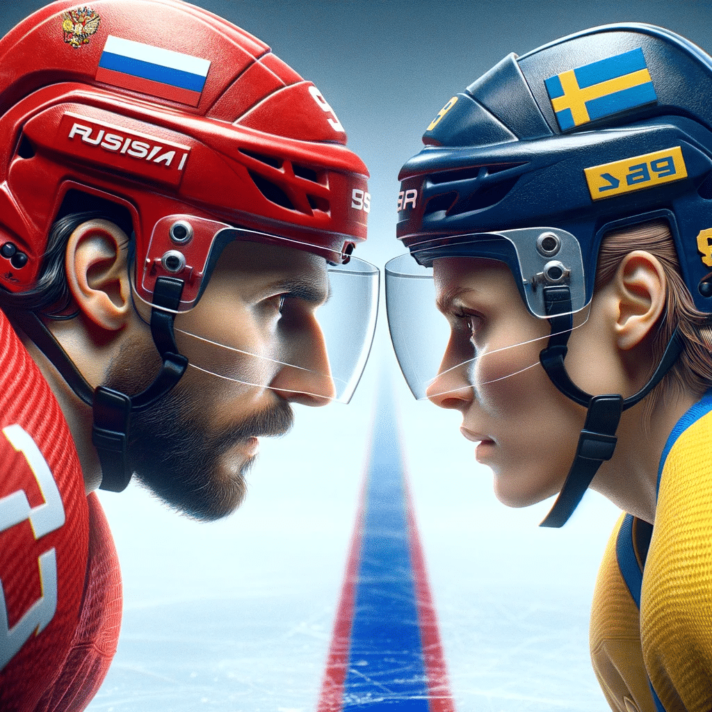 Rysk och svensk ishockeyspelare ansikte mot ansikte.