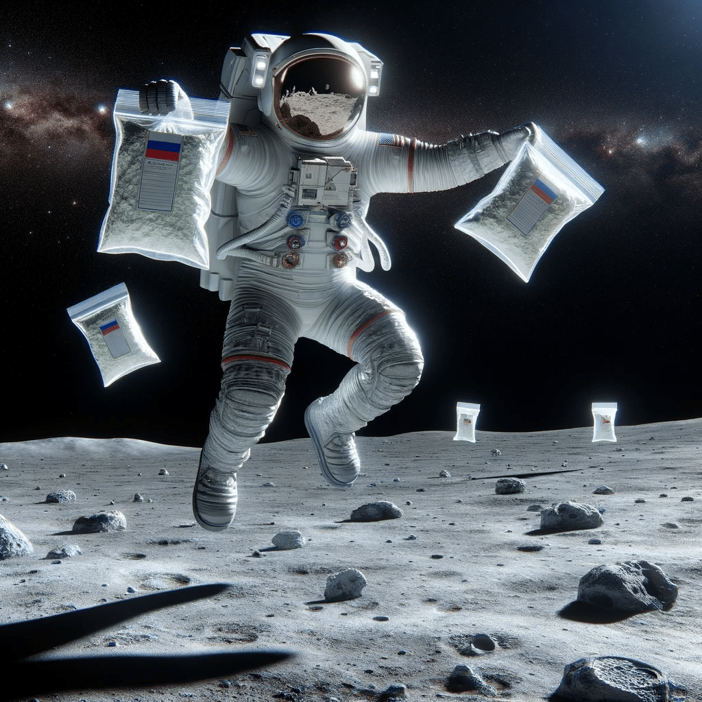 Astronaut på månen med svävande böcker.