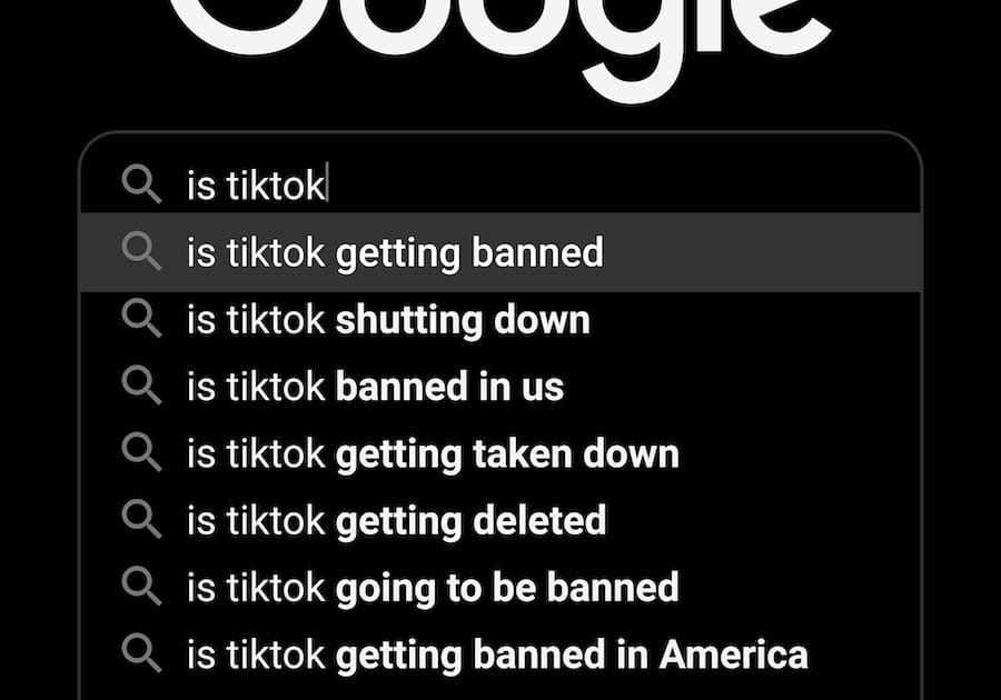Sökfrågor om TikTok-förbud på skärm.