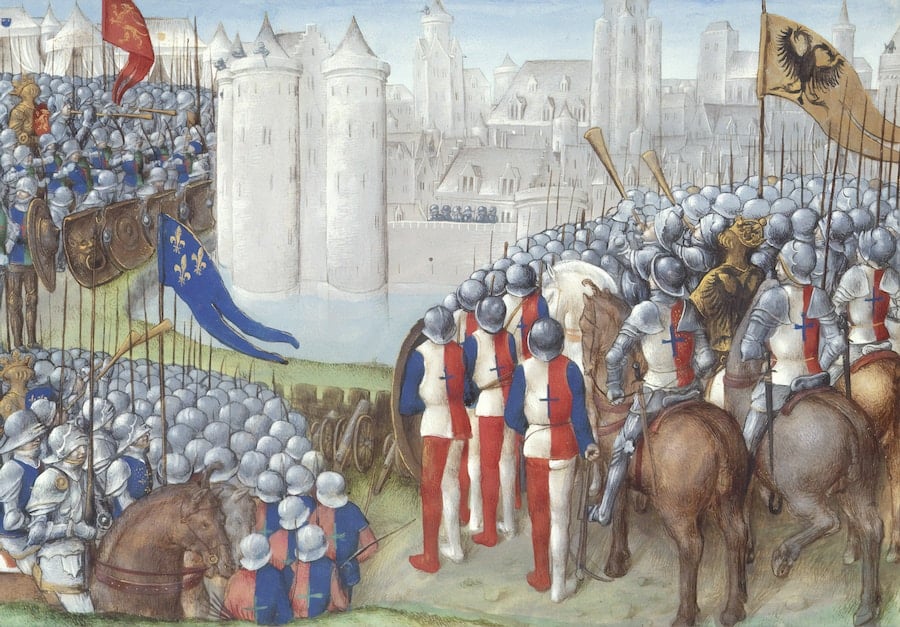 Medeltida slagfält framför slott, riddare och soldater.