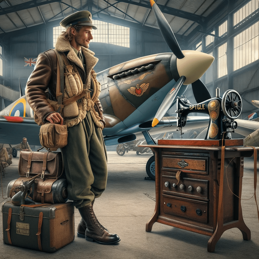 Pilot vid Spitfire-plan, andra världskriget, flyghangar.