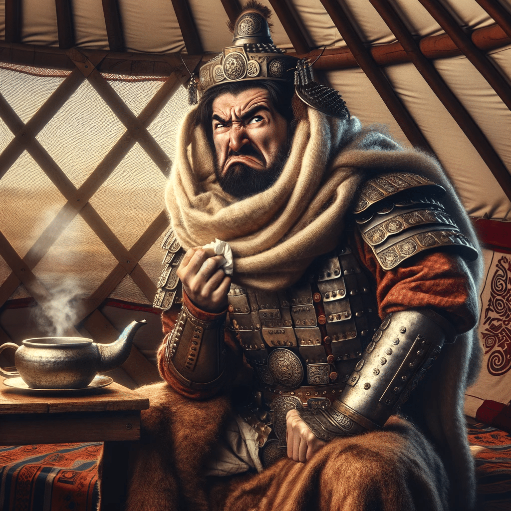Illustrerad mongolisk krigare i tält med tekanna.