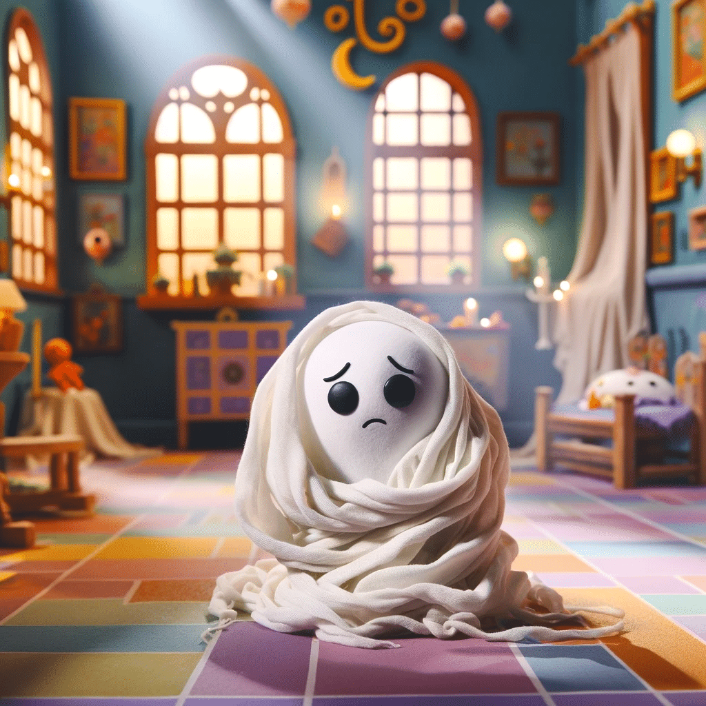 Illustration av ledsen spöke i ett färgglatt rum.