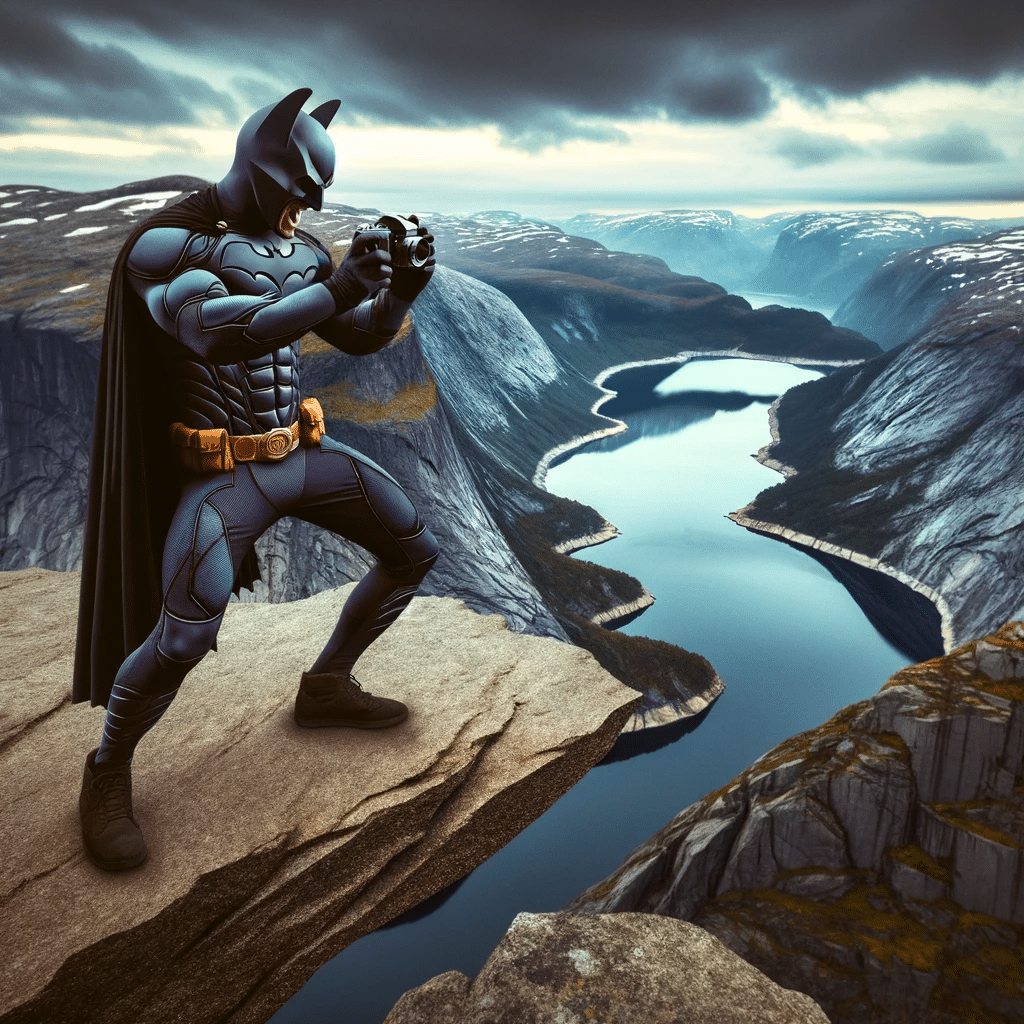 Superhjälte tar foto av fjordlandskap.