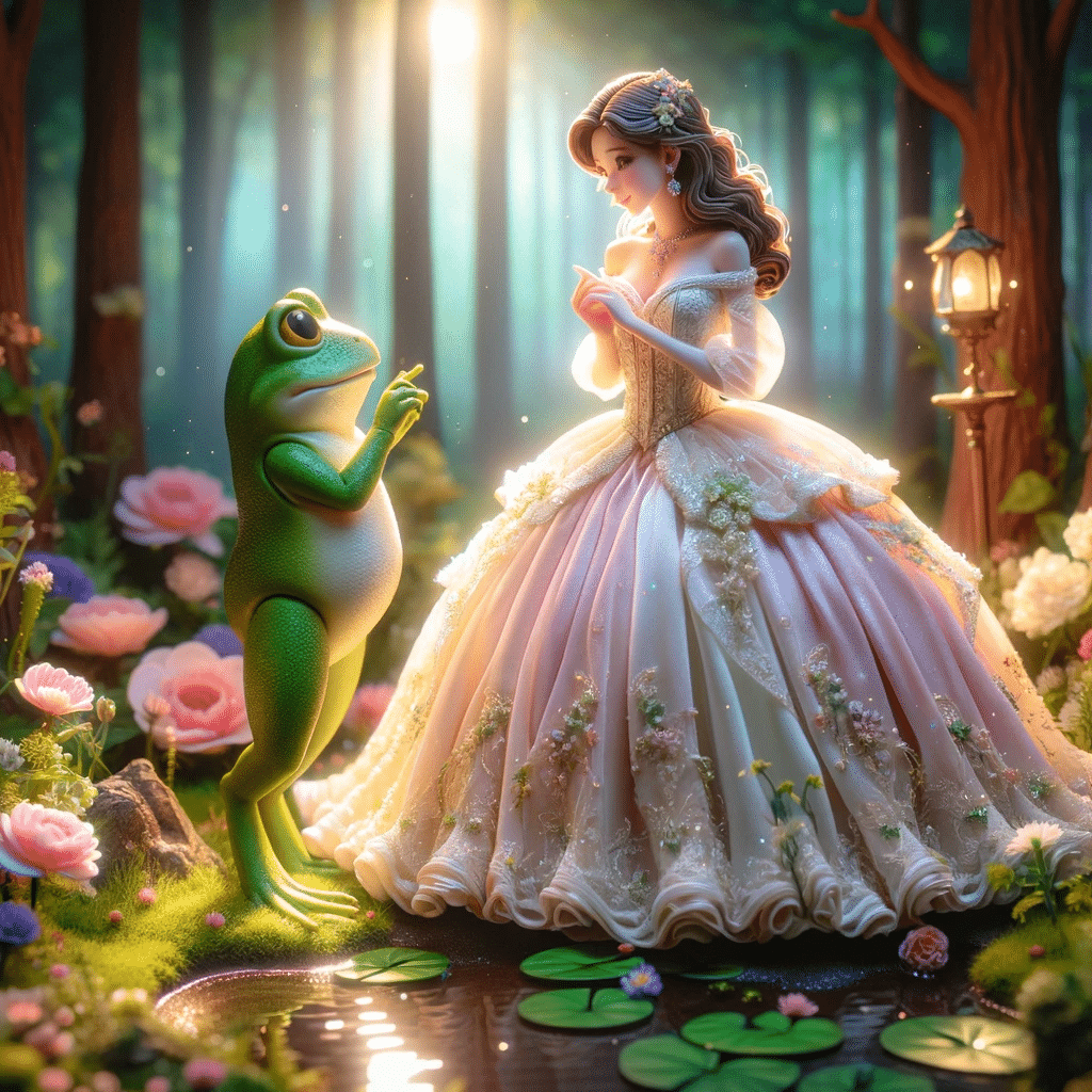 Prinsessa och groda i förtrollad skog.