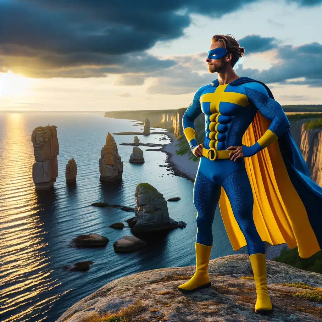 Superhjälte står på klippa vid solnedgång.