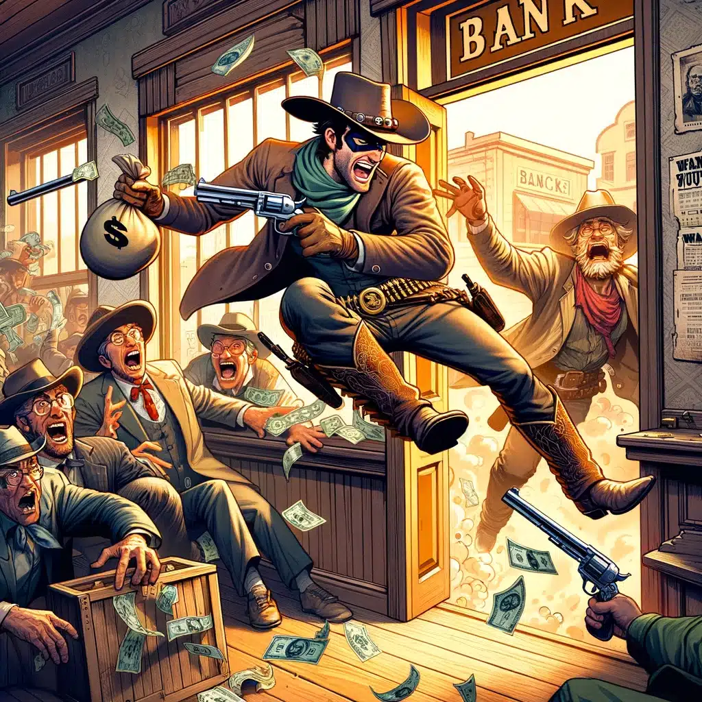 Illustration av dramatisk bankrån i vilda västern.