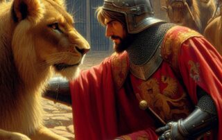 Riddare möter lejon i fantasy-miljö.